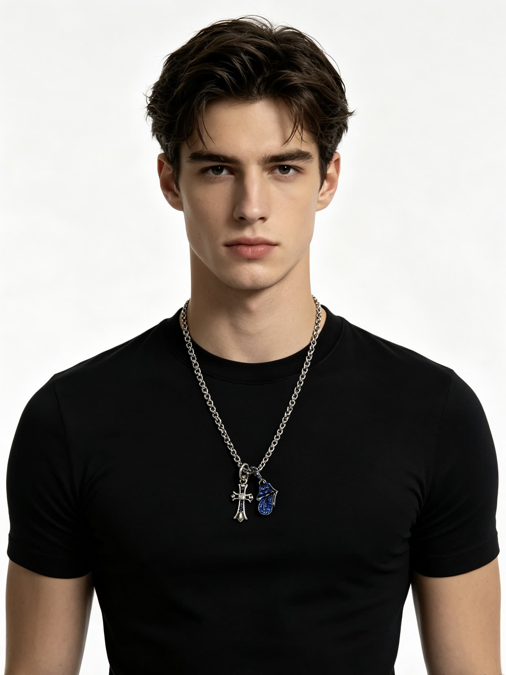 Chrome Hearts Silver Cross and Blue Enamel Charm Necklace